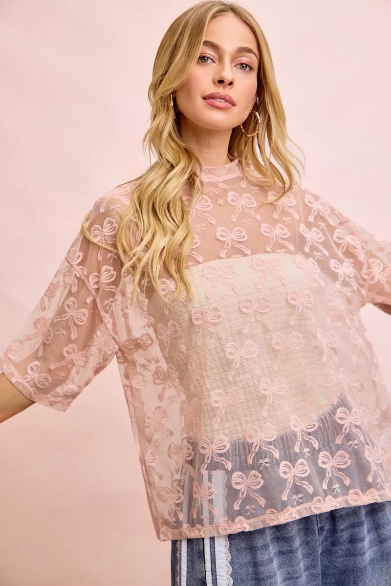BiBi Bow Pattern Short Sleeves Boxy Mesh Top - 