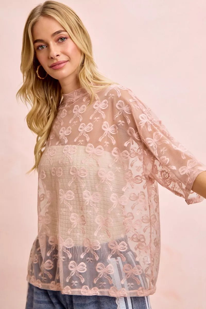 BiBi Bow Pattern Short Sleeves Boxy Mesh Top - 