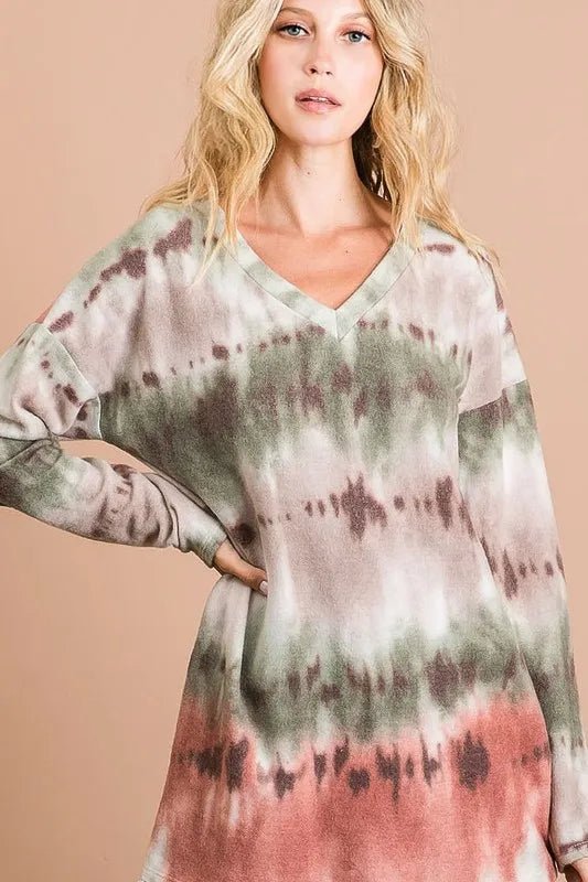 BiBi Brushed Tie Dye Looking Print V Neck Top - 