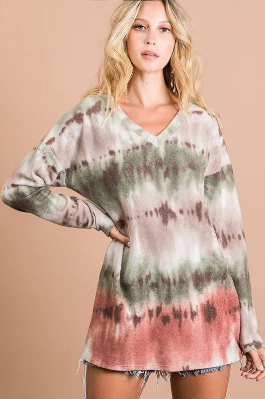 BiBi Brushed Tie Dye Looking Print V Neck Top - 