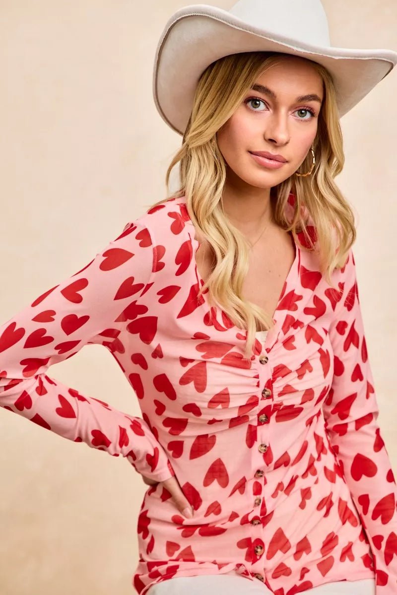 BiBi Button Down Heart Printed Mesh Shirt with Ruched Front - 