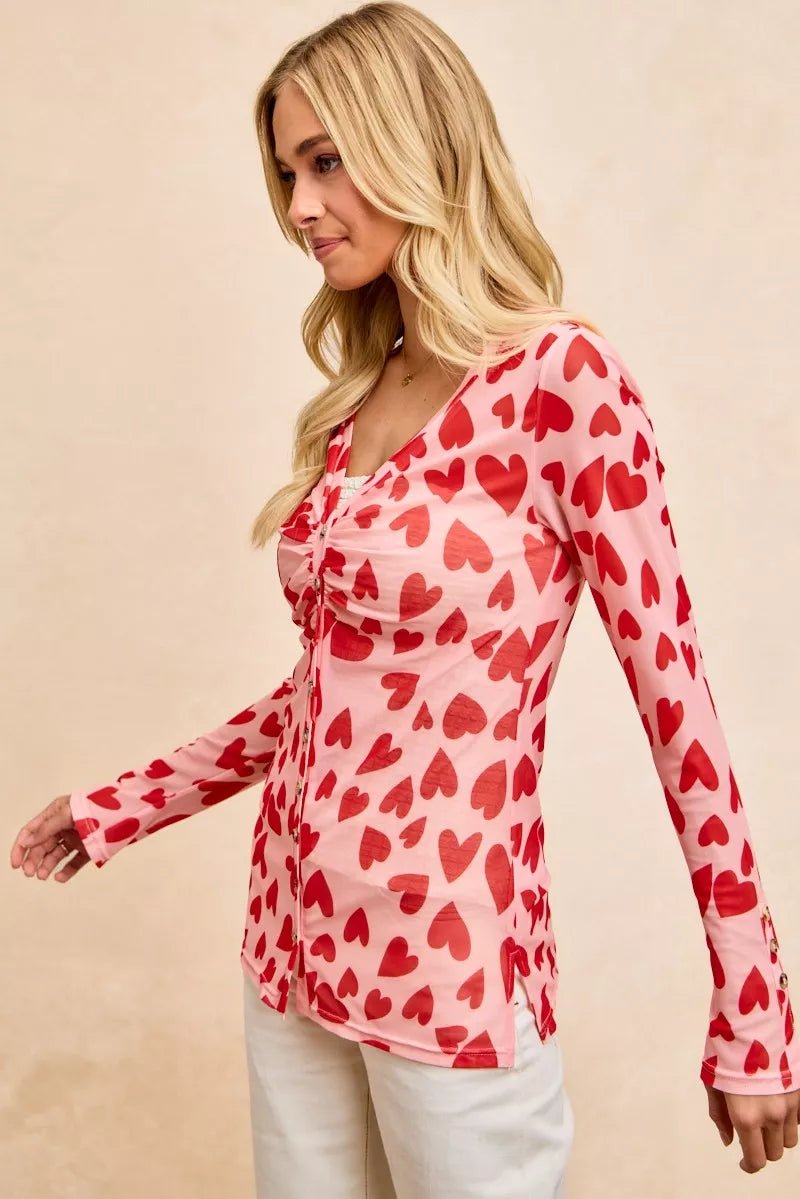 BiBi Button Down Heart Printed Mesh Shirt with Ruched Front - 