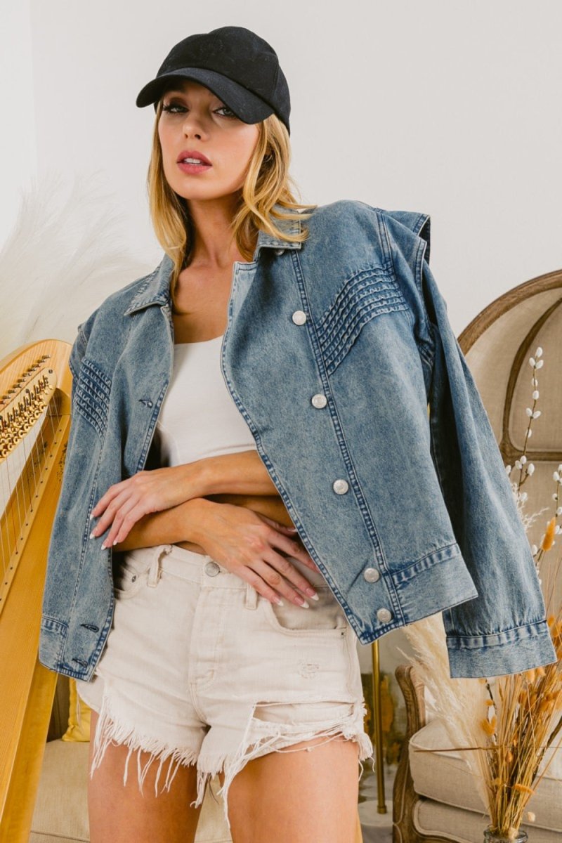BiBi Button Up Long Sleeve Denim Jacket - Outerwear