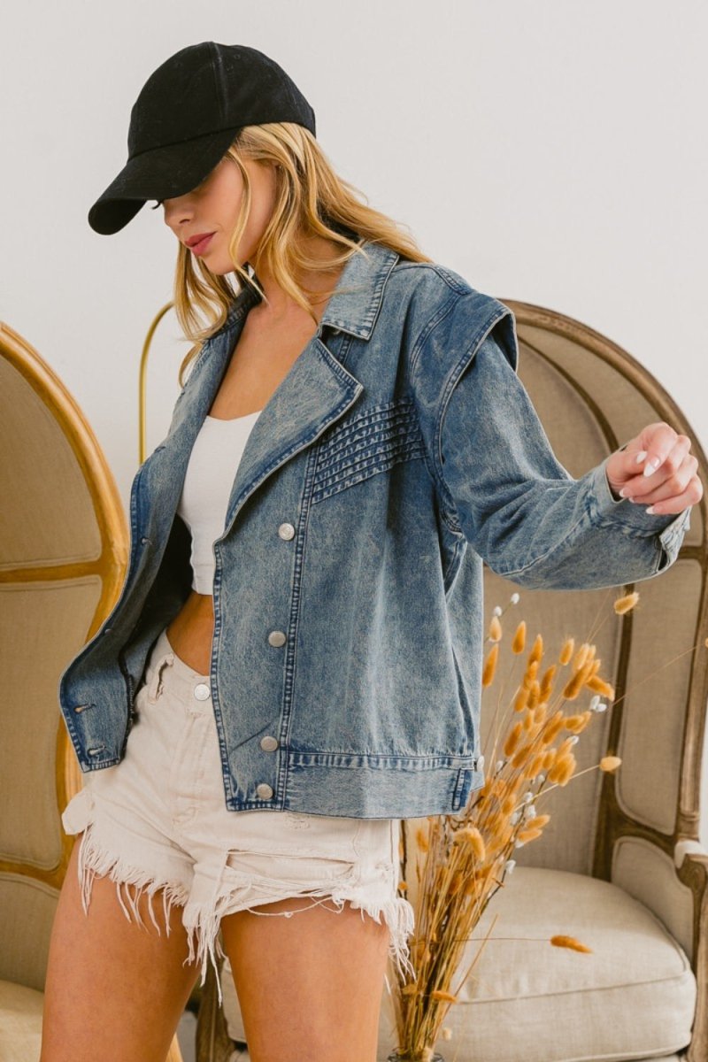 BiBi Button Up Long Sleeve Denim Jacket - Outerwear