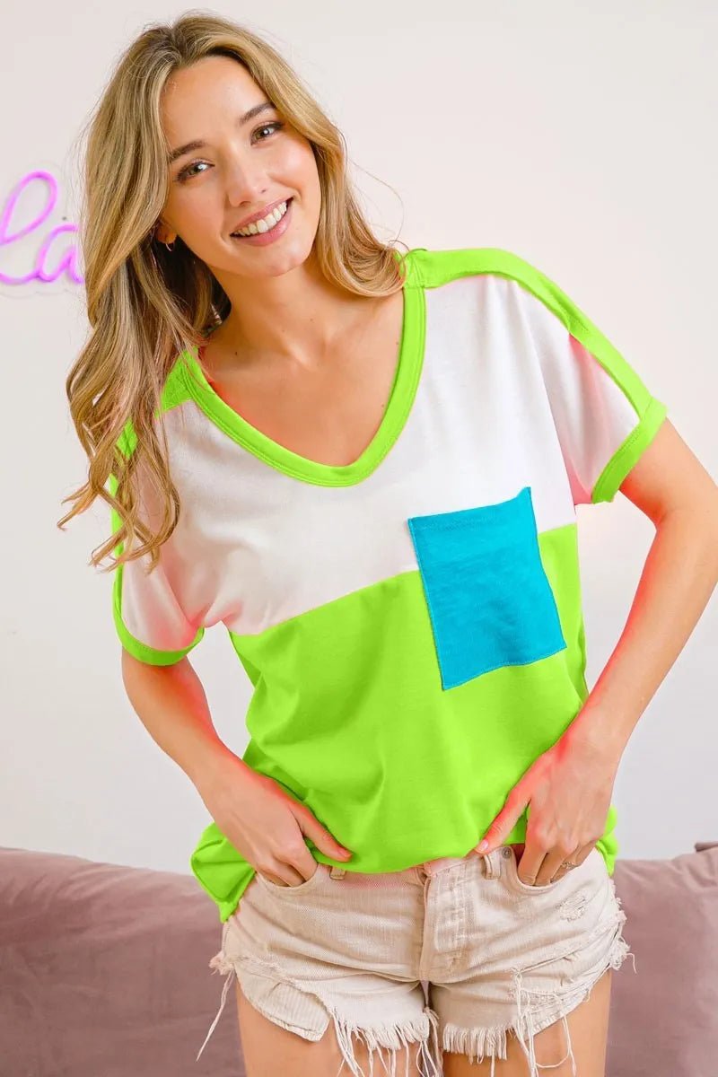 BiBi Color Block Neon Trim Pocket T-Shirt - 