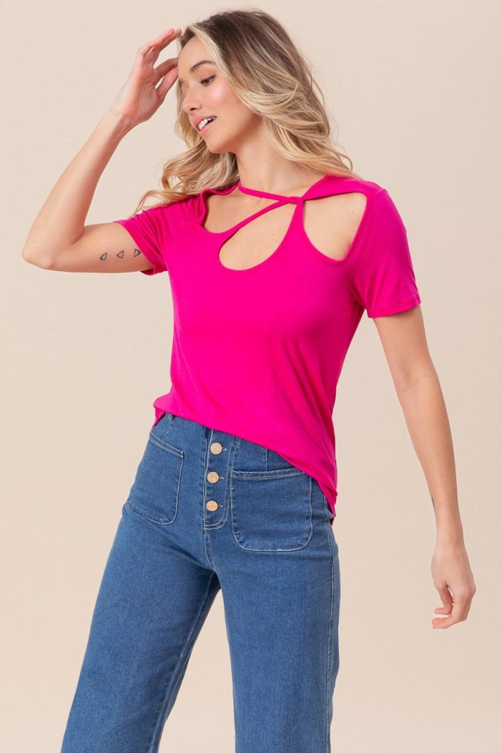 BiBi Cutout Asymmetrical Neck Short Sleeve T-Shirt - Top
