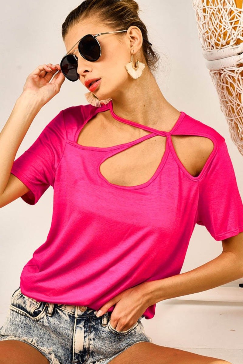 BiBi Cutout Asymmetrical Neck Short Sleeve T-Shirt - Top