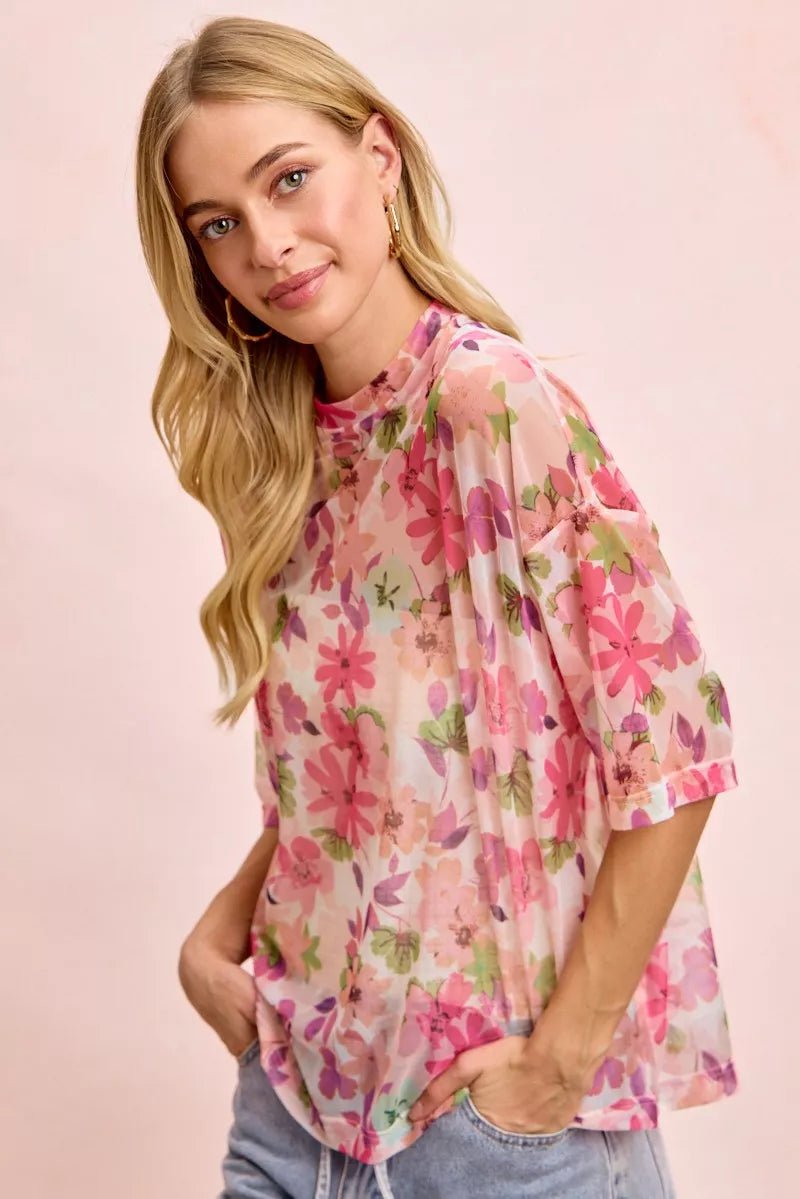 BiBi Floral Print Short Sleeves Boxy Mesh Top - 