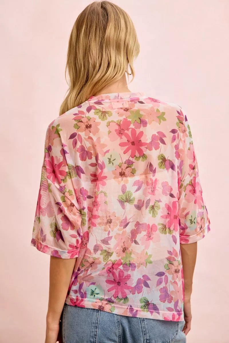 BiBi Floral Print Short Sleeves Boxy Mesh Top - 