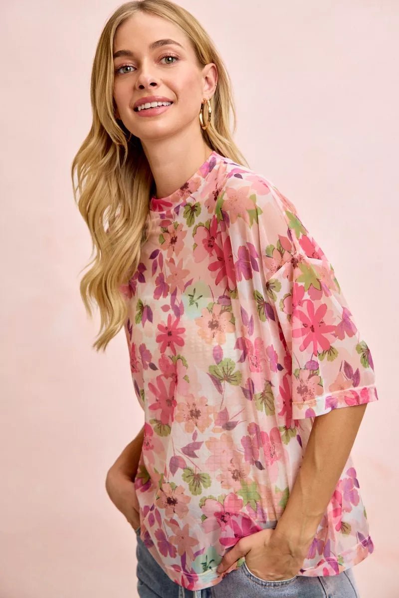 BiBi Floral Print Short Sleeves Boxy Mesh Top - 