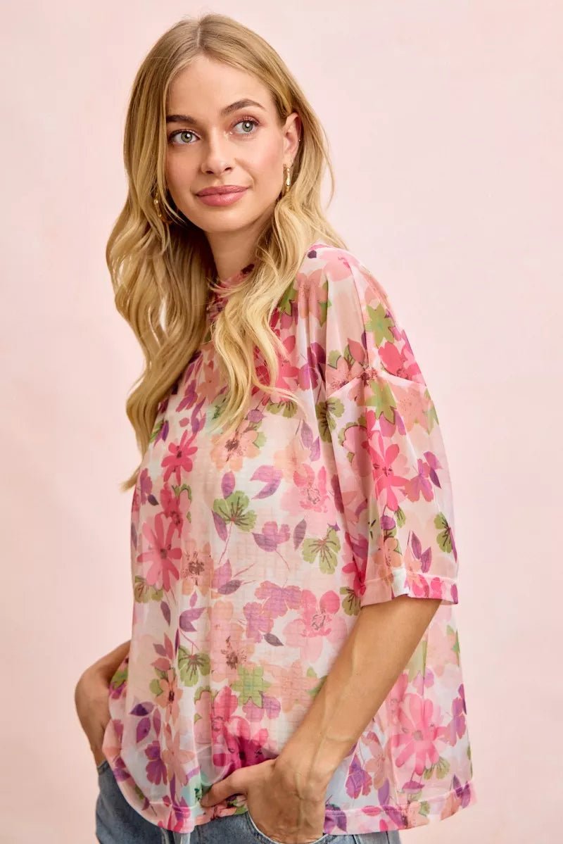 BiBi Floral Print Short Sleeves Boxy Mesh Top - 