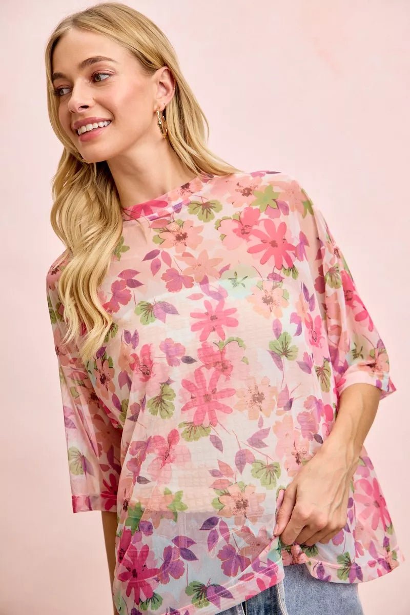 BiBi Floral Print Short Sleeves Boxy Mesh Top - 