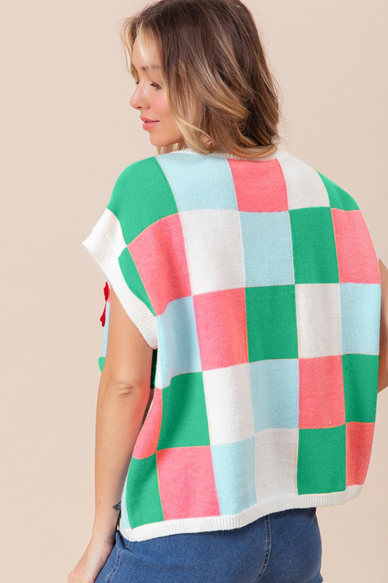 BiBi Flower Patch Checkered Sweater - Outerwear