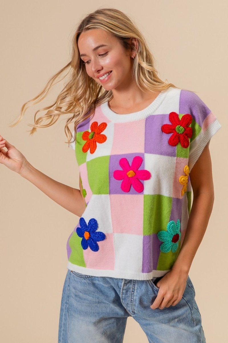 BiBi Flower Patch Checkered Sweater - Outerwear