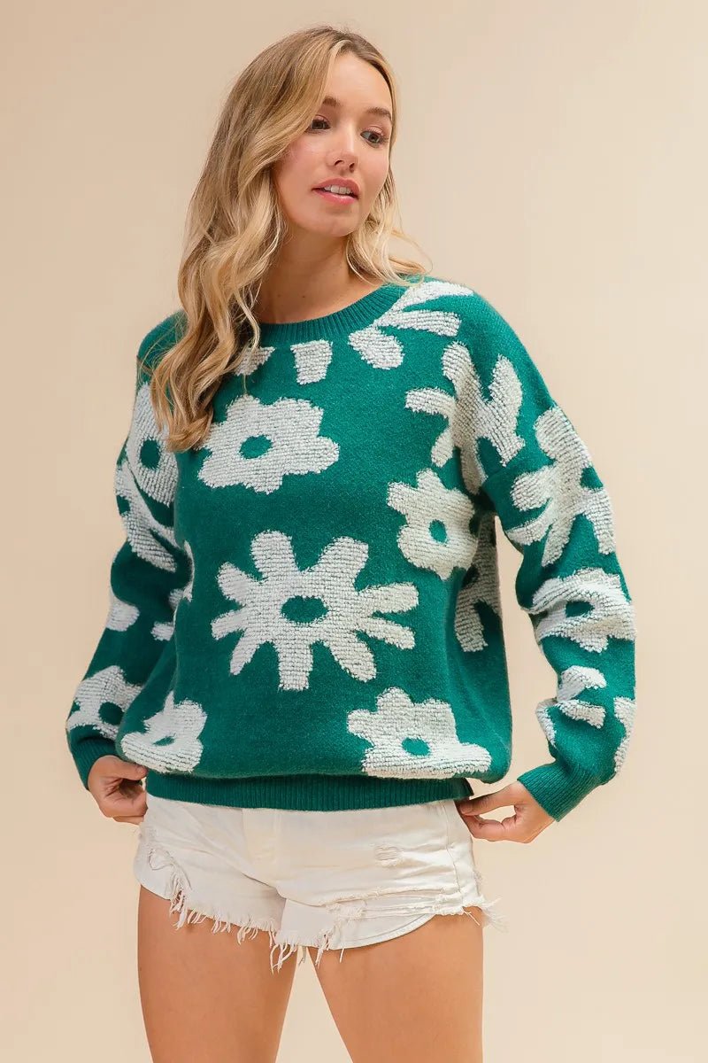 BiBi Flower Pattern Long Sleeves Sweater Top - 