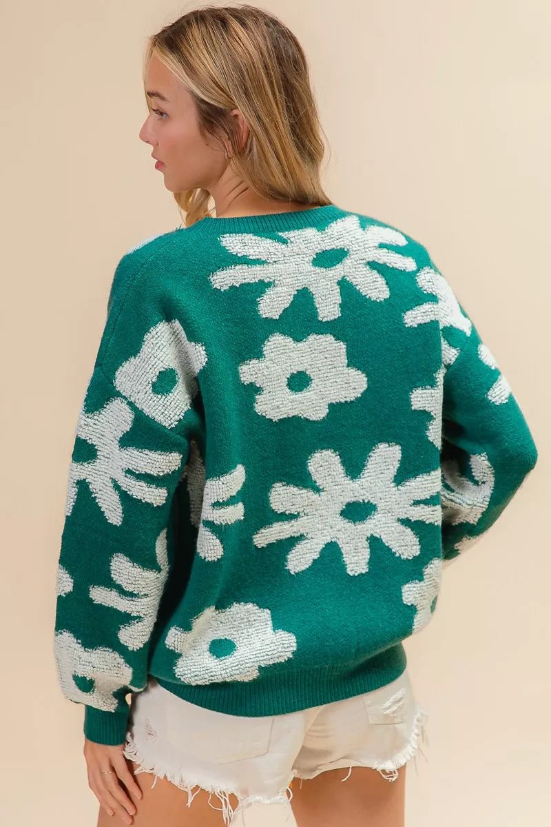 BiBi Flower Pattern Long Sleeves Sweater Top - 
