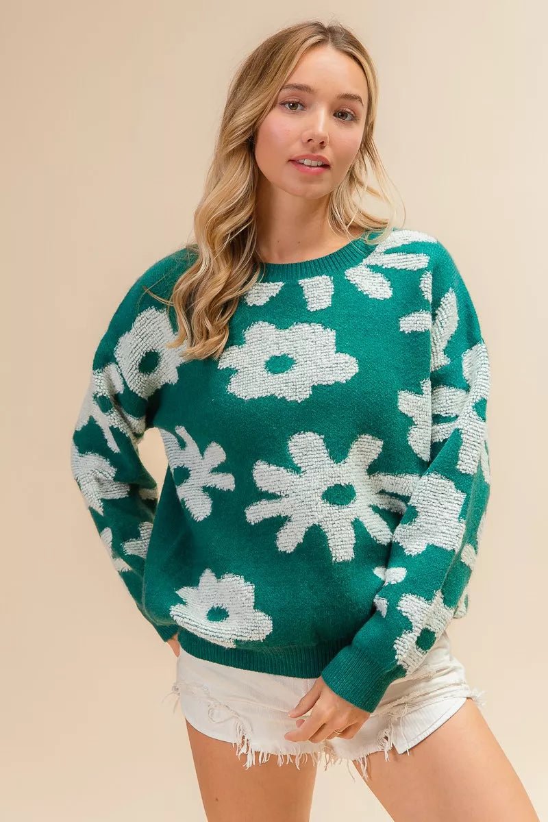 BiBi Flower Pattern Long Sleeves Sweater Top - 