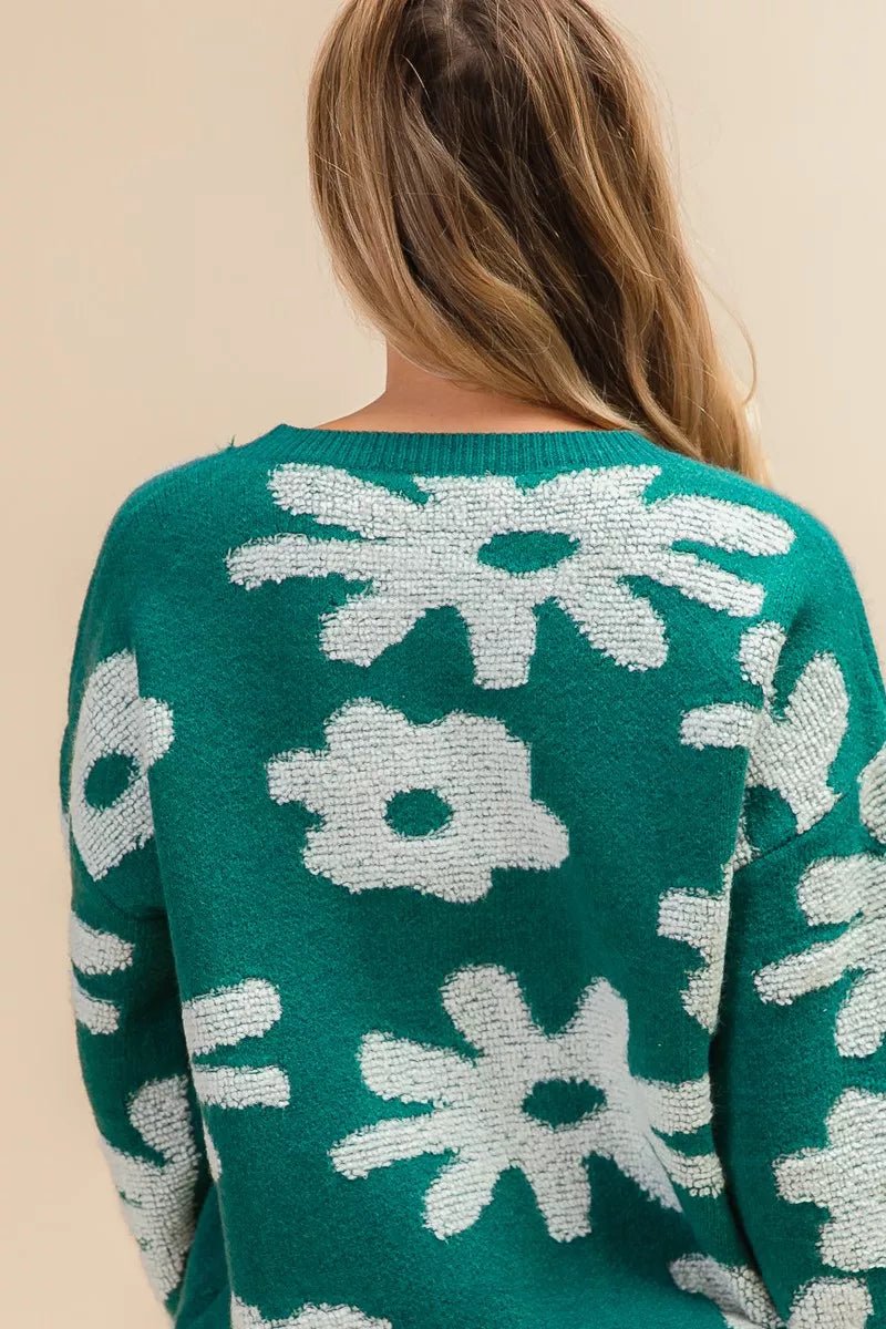BiBi Flower Pattern Long Sleeves Sweater Top - 