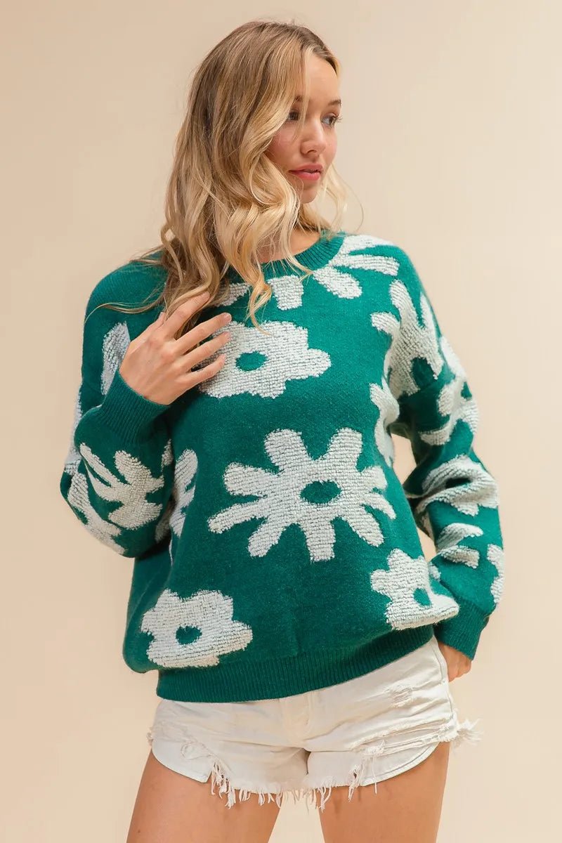 BiBi Flower Pattern Long Sleeves Sweater Top - 