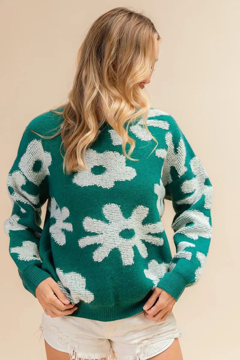 BiBi Flower Pattern Long Sleeves Sweater Top - 