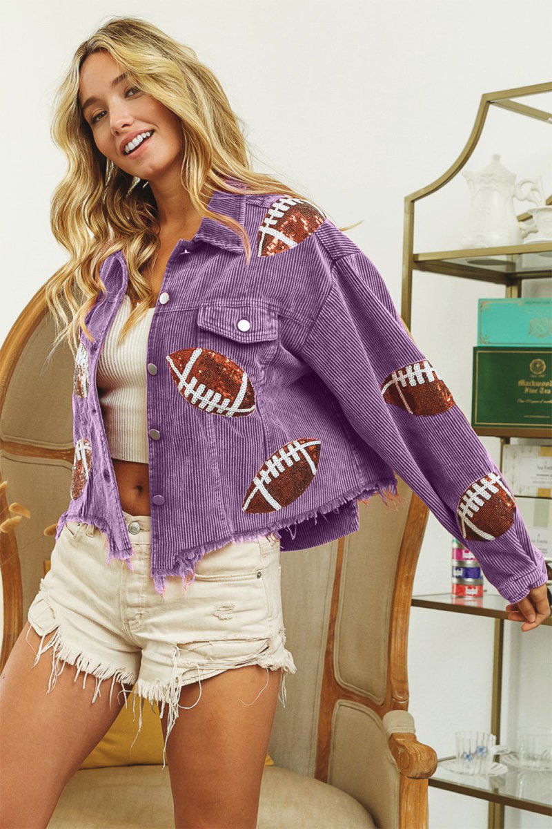 BiBi Football Sequin Embroidery Washed Corduroy Jacket - Outerwear