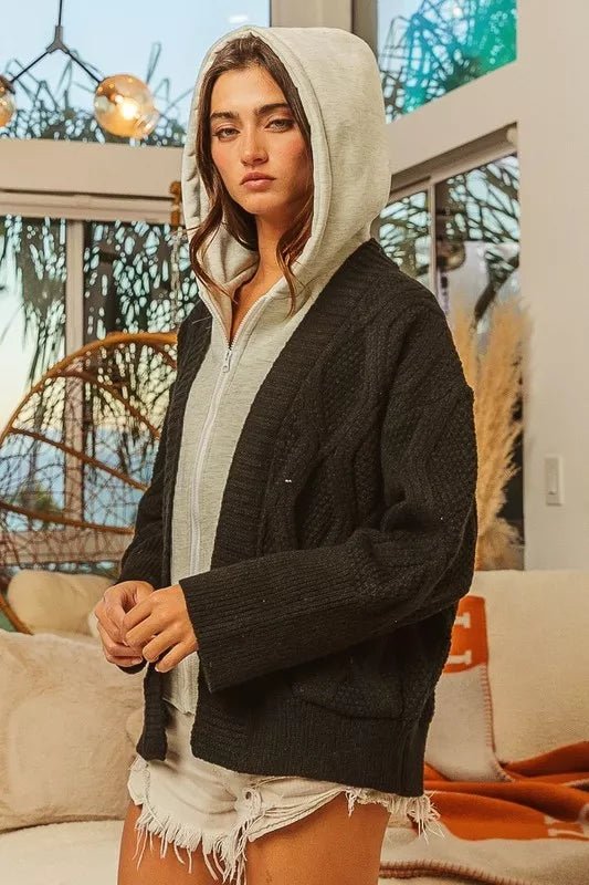 BiBi Knit Hoodie Rhombus Sweater Jacket - 