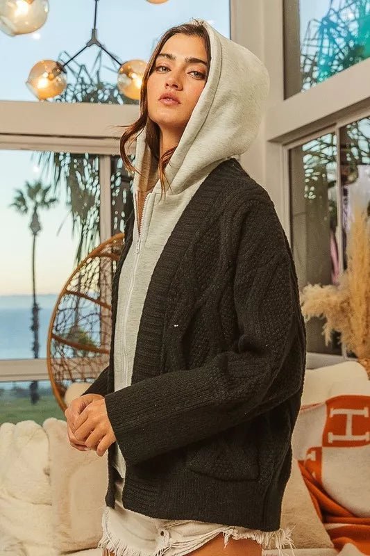 BiBi Knit Hoodie Rhombus Sweater Jacket - 