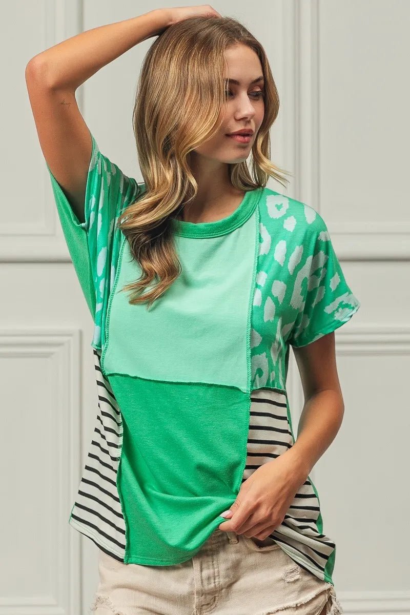 BiBi Leopard and Stripe Color Block Top With Exposed Seam - 