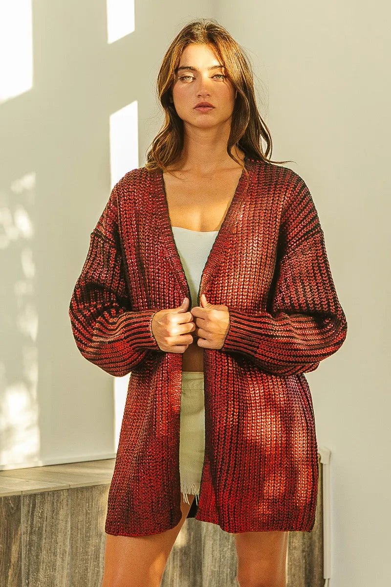 BiBi Metallic Knit V - neck Open Sweater Cardigan - 