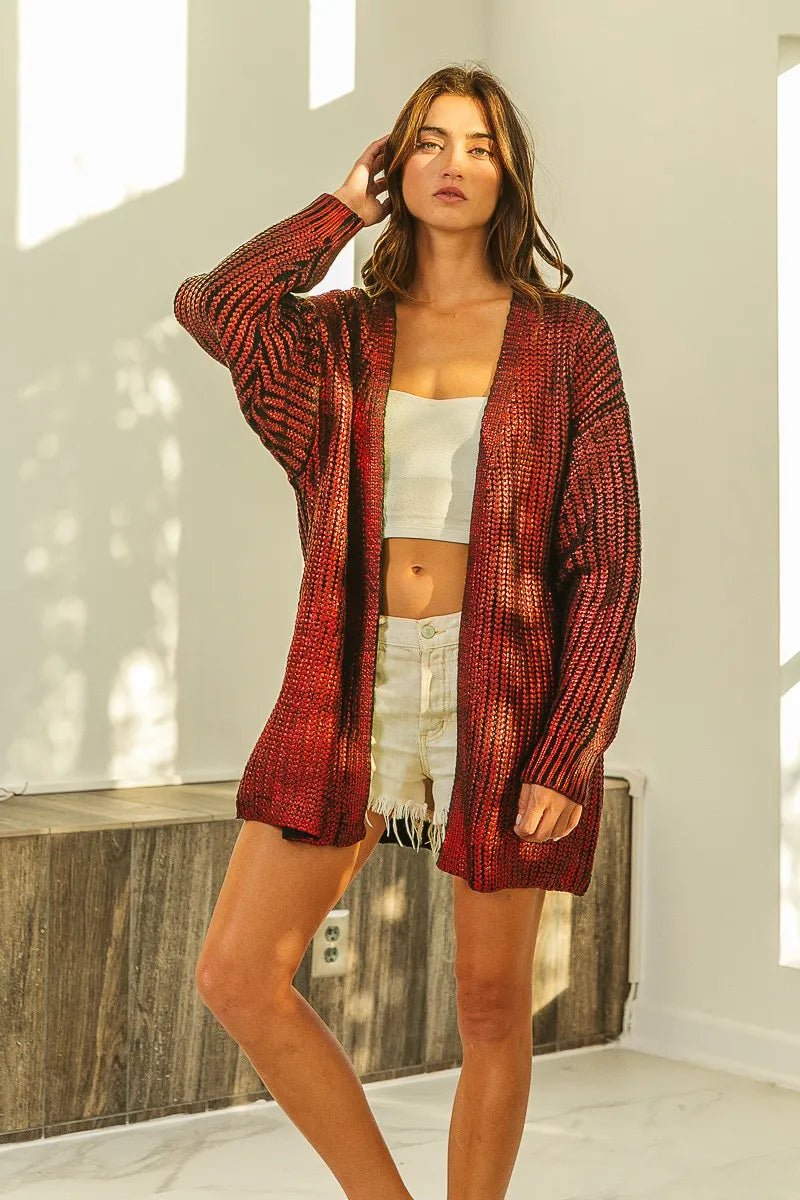 BiBi Metallic Knit V - neck Open Sweater Cardigan - 