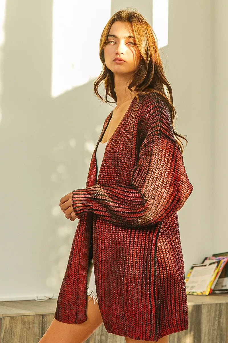 BiBi Metallic Knit V - neck Open Sweater Cardigan - 