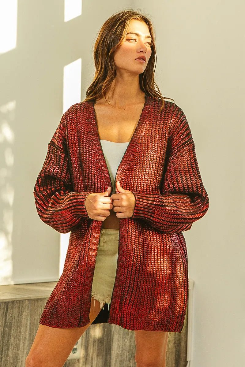 BiBi Metallic Knit V - neck Open Sweater Cardigan - 