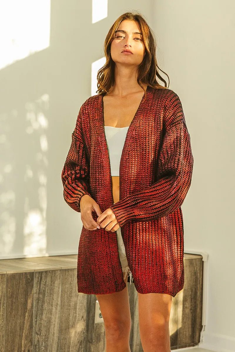 BiBi Metallic Knit V - neck Open Sweater Cardigan - 