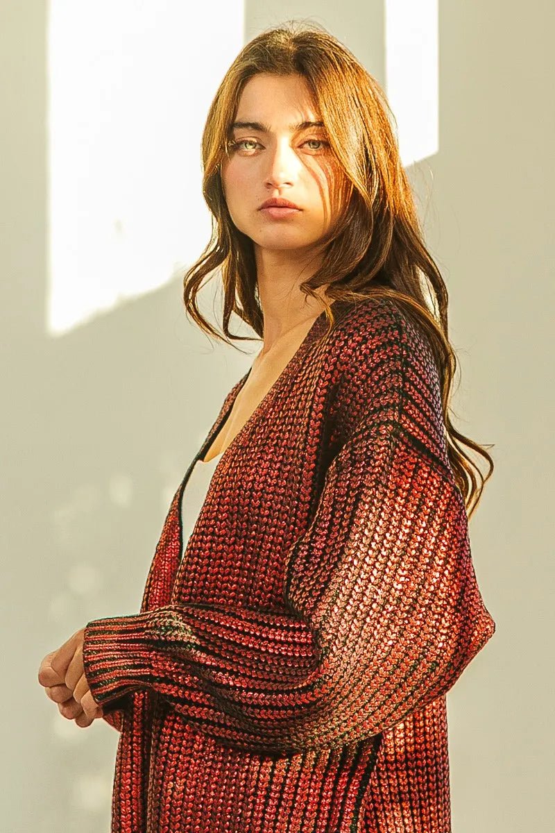BiBi Metallic Knit V - neck Open Sweater Cardigan - 