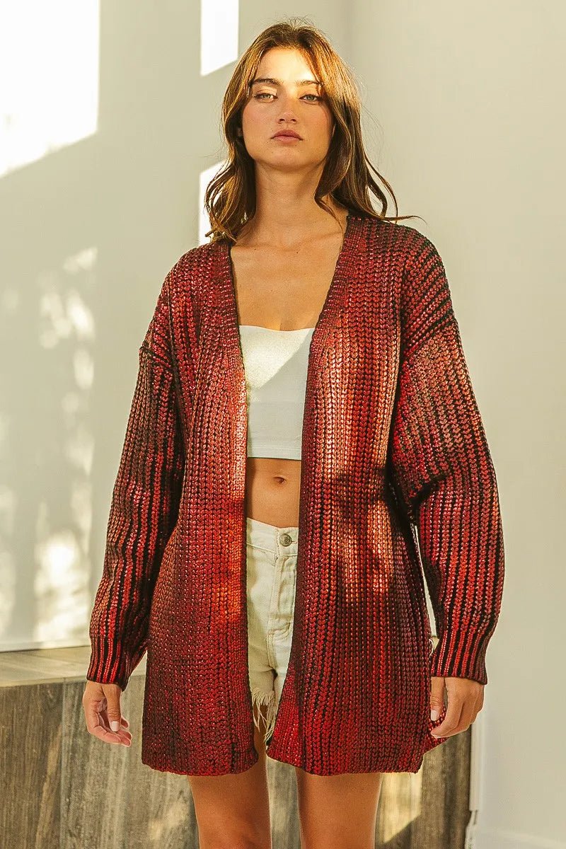 BiBi Metallic Knit V - neck Open Sweater Cardigan - 