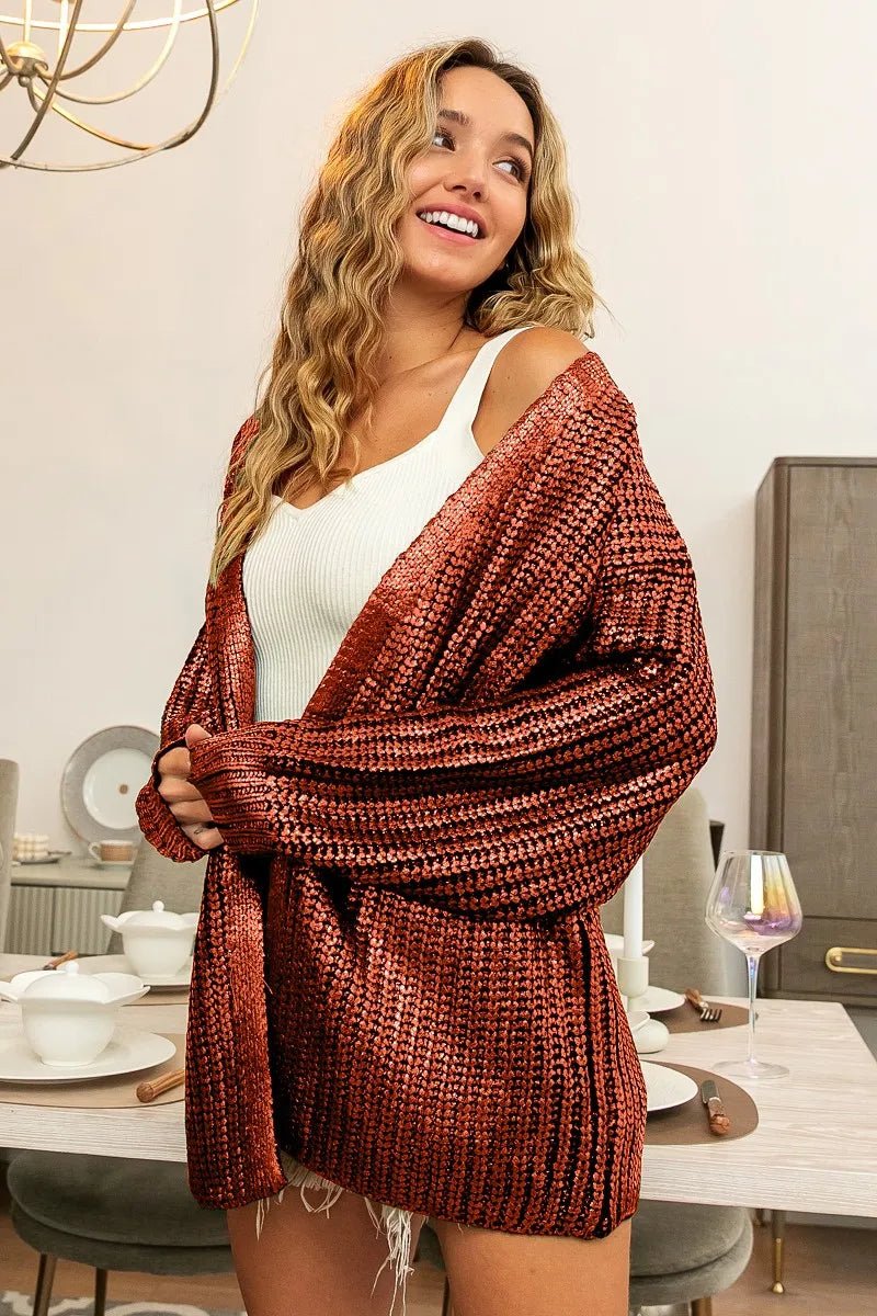 BiBi Metallic Knit V - neck Open Sweater Cardigan - 