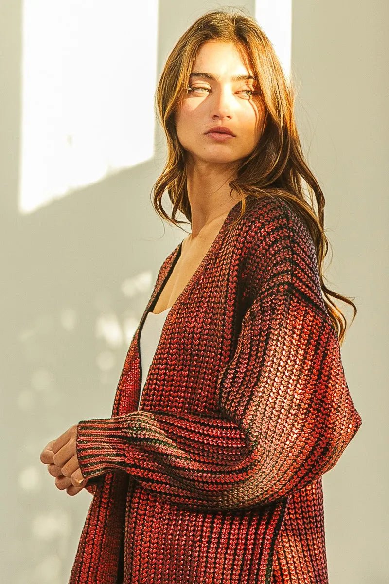 BiBi Metallic Knit V - neck Open Sweater Cardigan - 