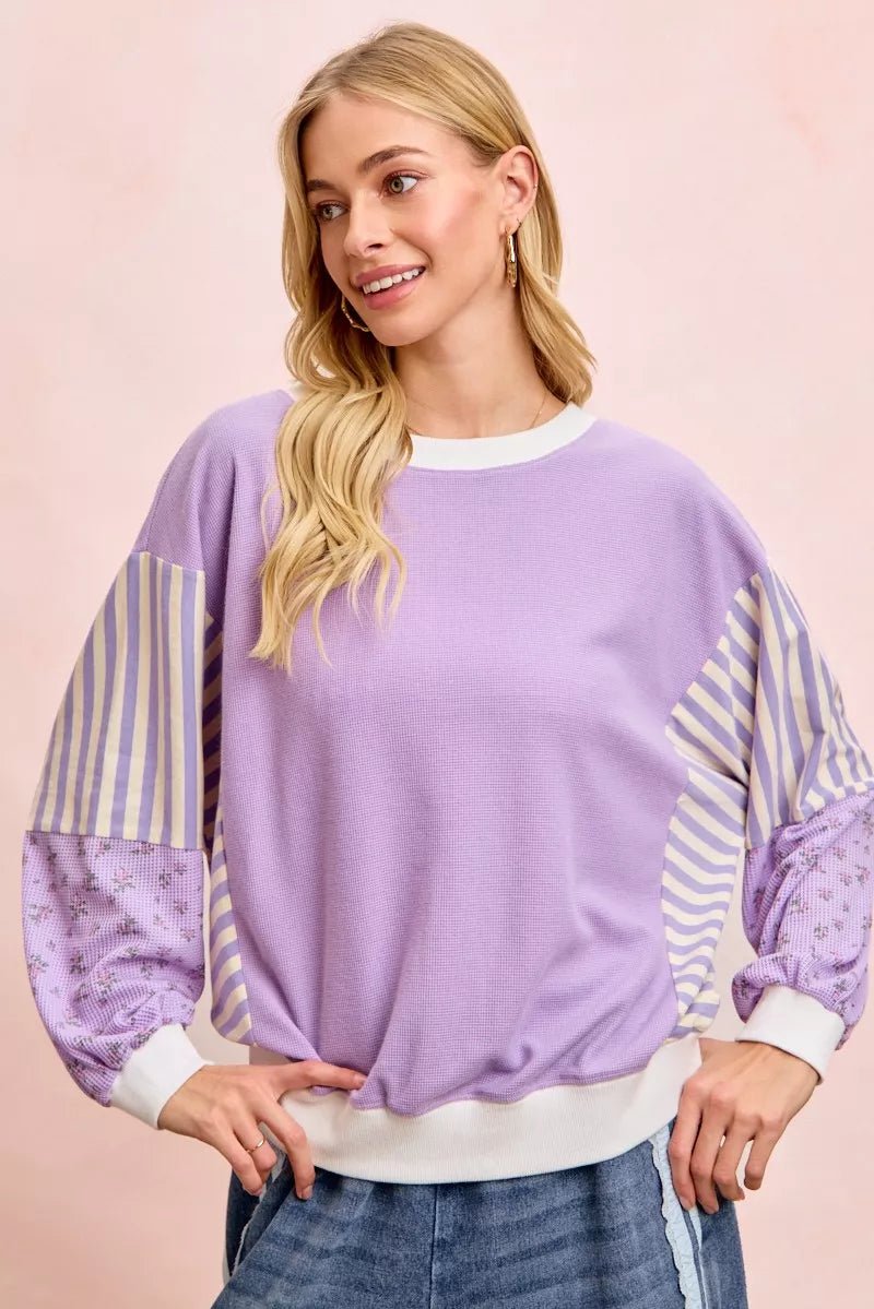 BiBi Mix and Match Sweatshirt with Floral Sleeve Striped - 