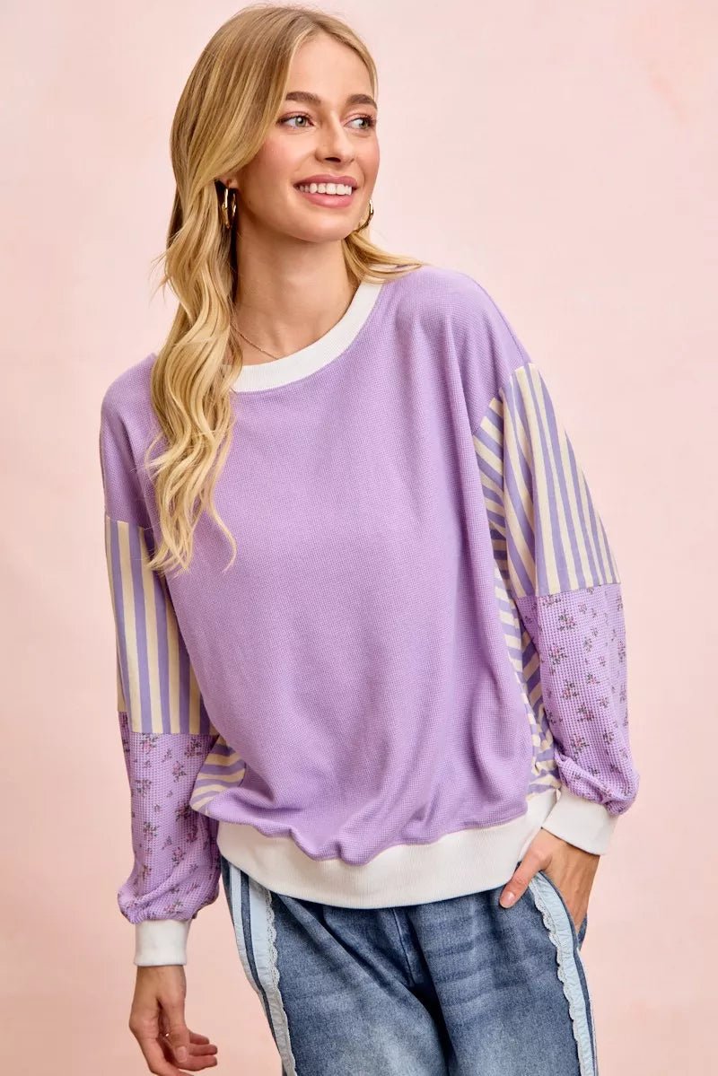 BiBi Mix and Match Sweatshirt with Floral Sleeve Striped - 