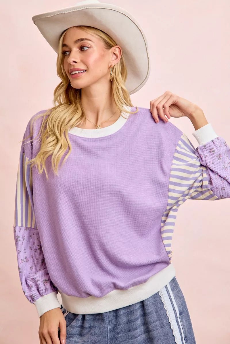 BiBi Mix and Match Sweatshirt with Floral Sleeve Striped - 
