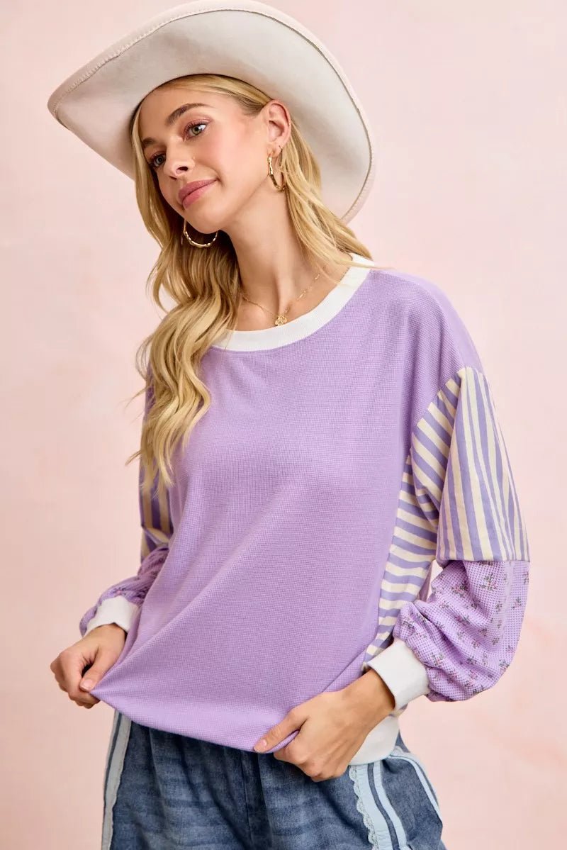 BiBi Mix and Match Sweatshirt with Floral Sleeve Striped - 