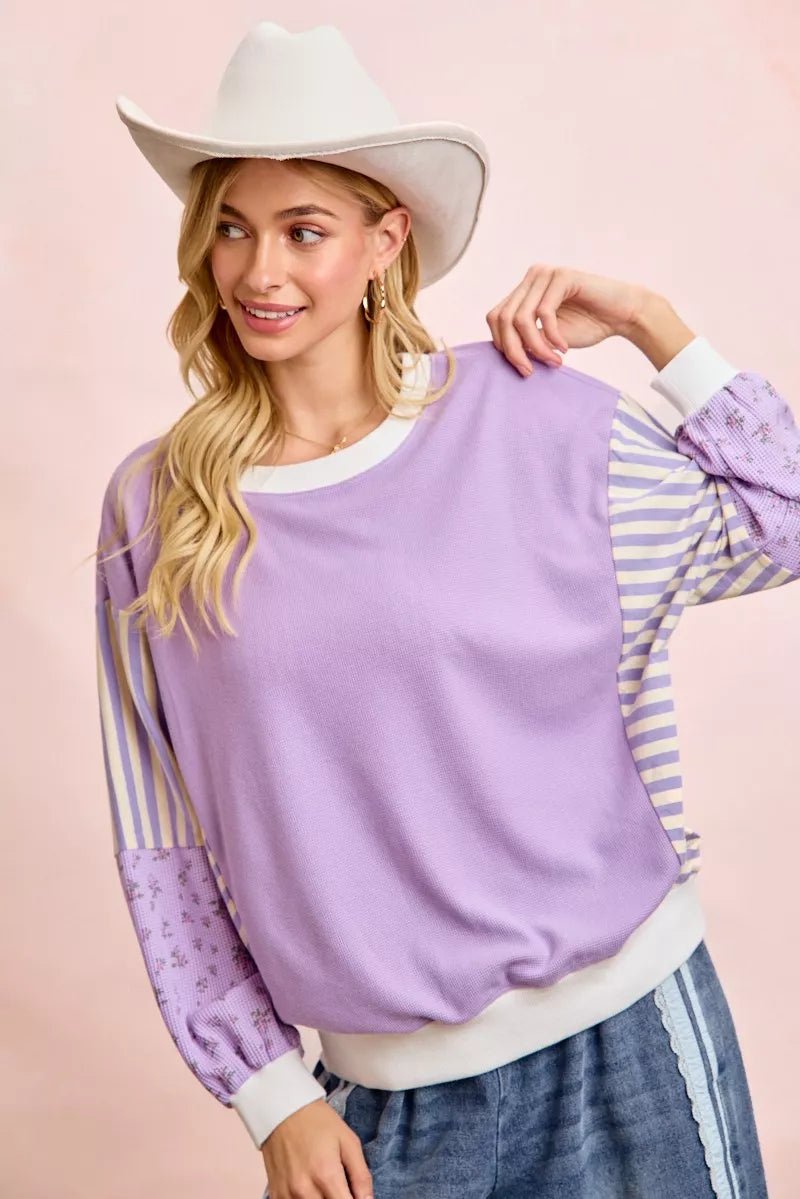 BiBi Mix and Match Sweatshirt with Floral Sleeve Striped - 
