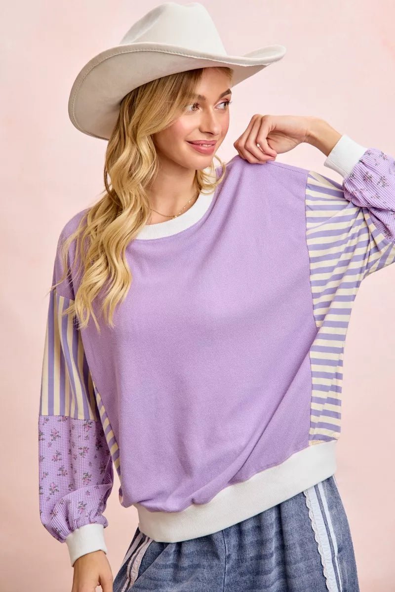 BiBi Mix and Match Sweatshirt with Floral Sleeve Striped - 