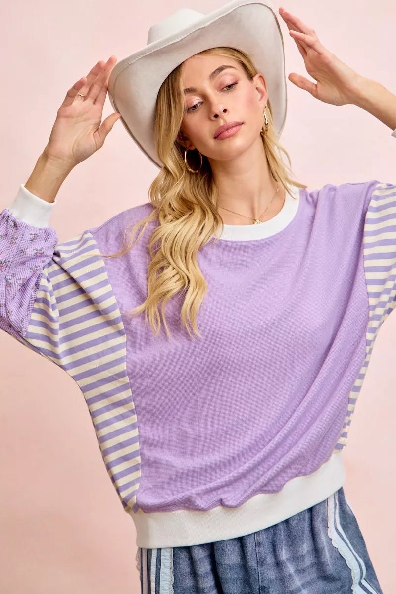 BiBi Mix and Match Sweatshirt with Floral Sleeve Striped - 