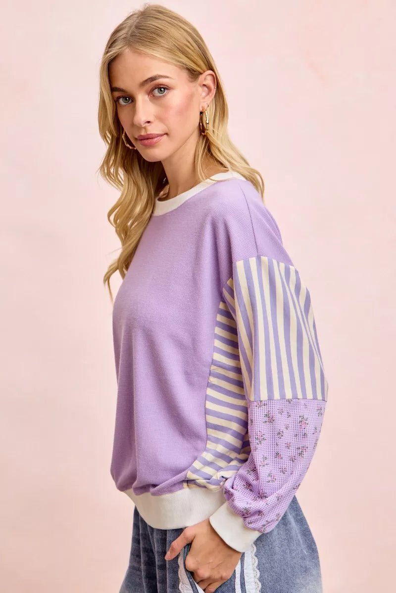 BiBi Mix and Match Sweatshirt with Floral Sleeve Striped - 