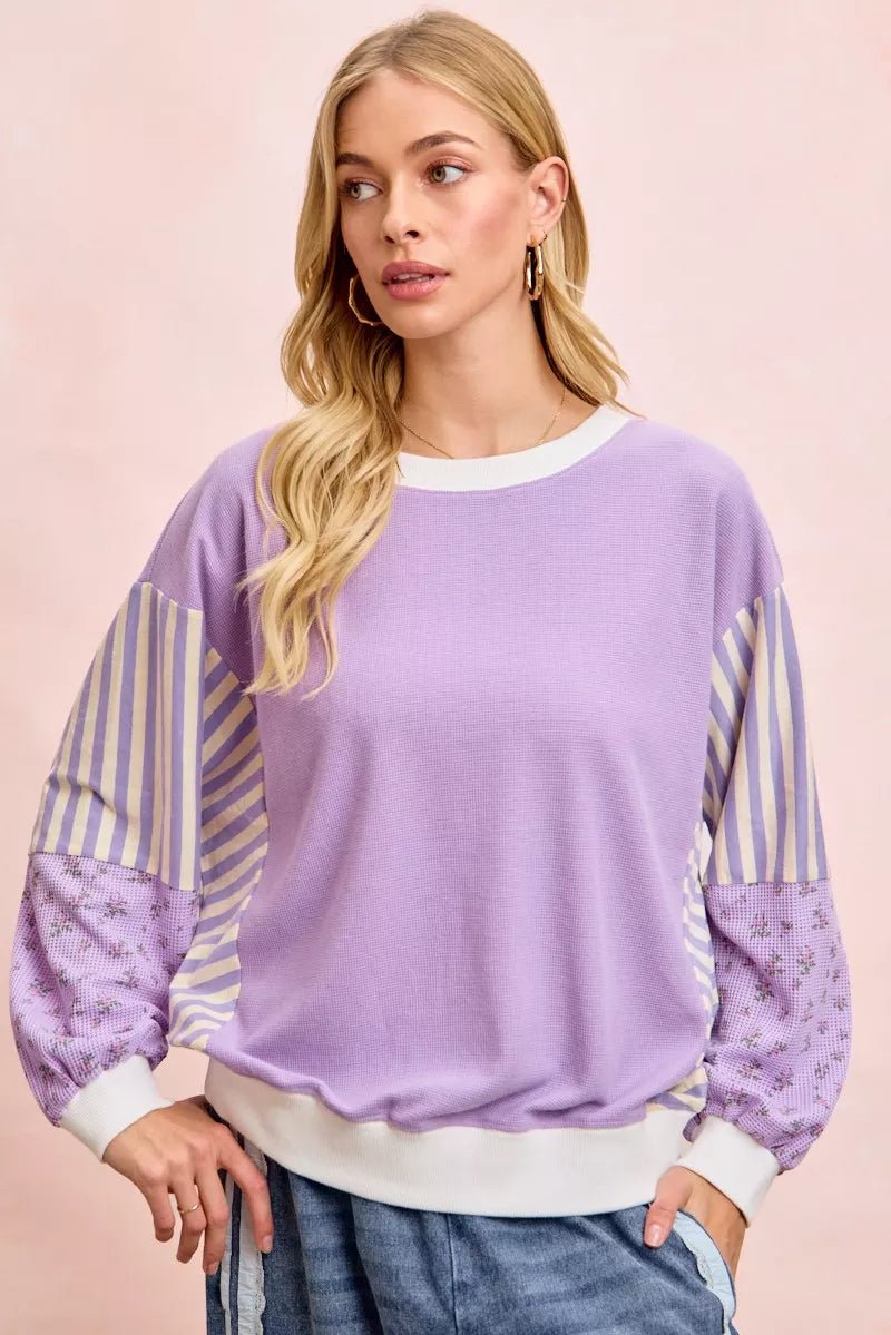 BiBi Mix and Match Sweatshirt with Floral Sleeve Striped - 