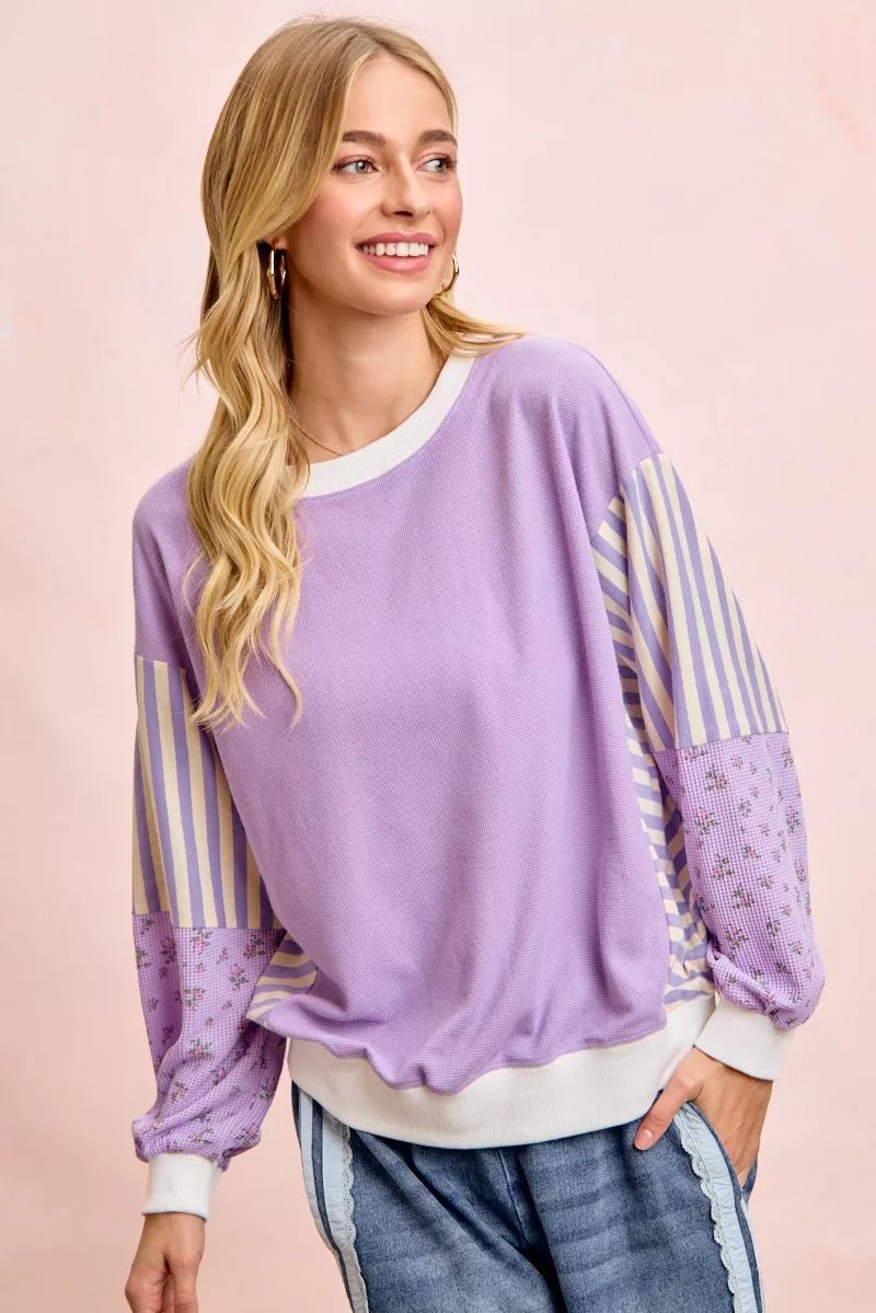 BiBi Mix and Match Sweatshirt with Floral Sleeve Striped - 