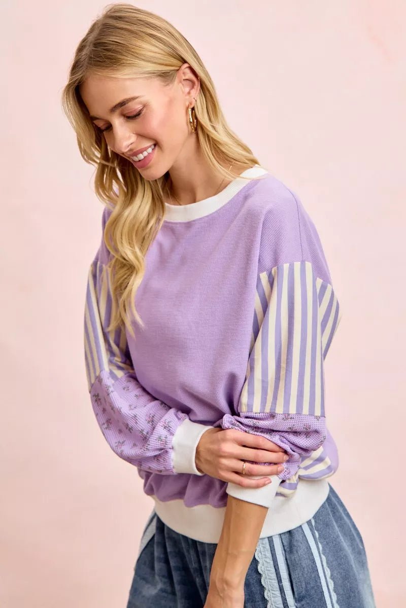 BiBi Mix and Match Sweatshirt with Floral Sleeve Striped - 
