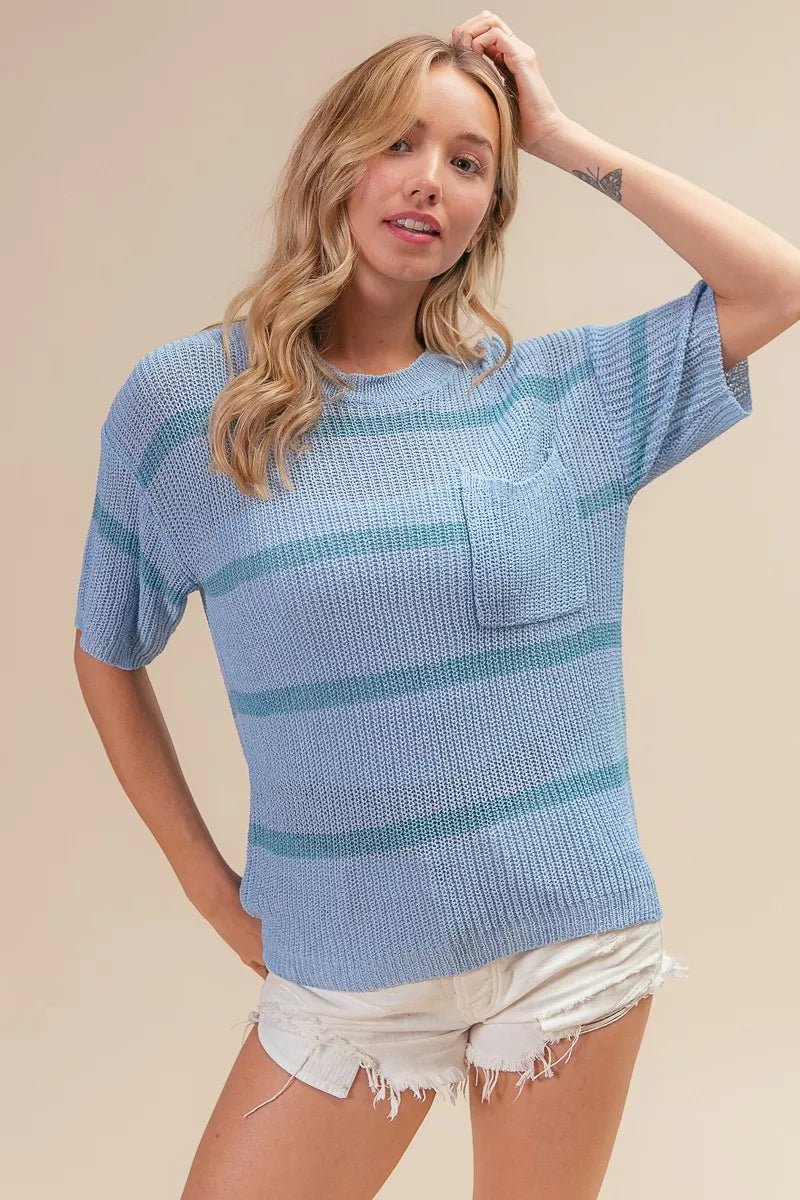 BiBi Patch Pocket Striped Lightweight Sweater Top - 