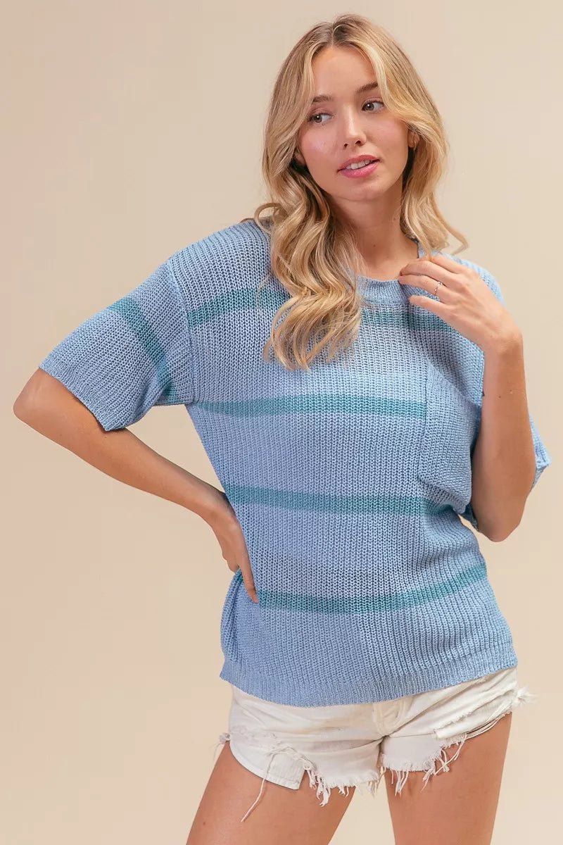 BiBi Patch Pocket Striped Lightweight Sweater Top - 